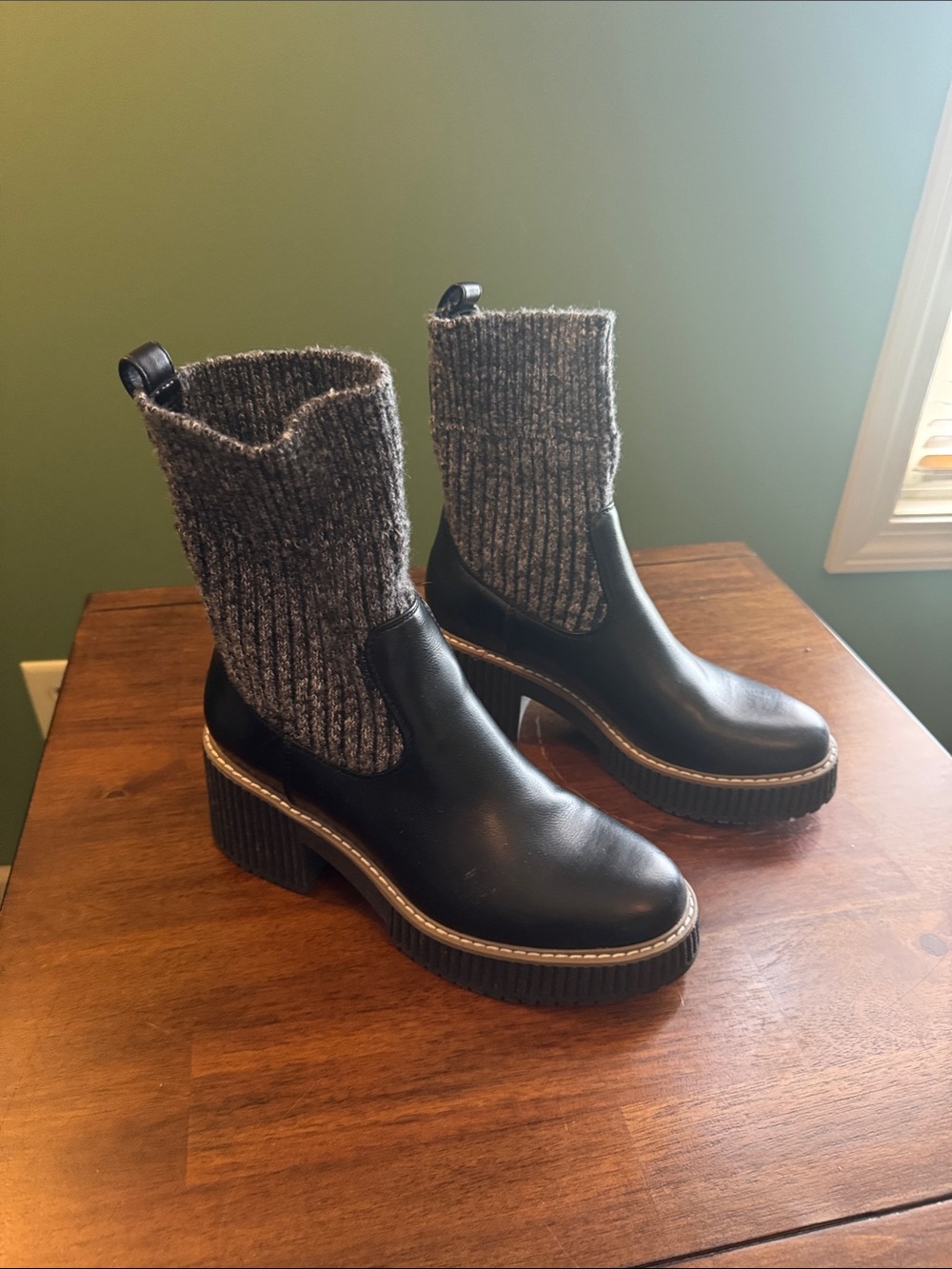 DV by Dolce Vita Black Leather Ankle Boots with Gray Knit Shaft